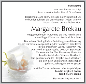 Traueranzeige von Margarete Brekau von Mitteldeutsche Zeitung Mansfelder Land