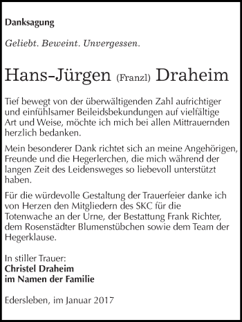 Traueranzeige von Hans-Jürgen Draheim von Super Sonntag SGH Mansf. Land