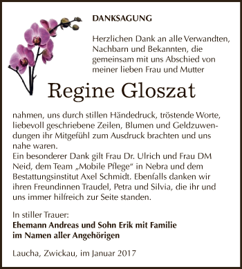 Traueranzeige von Regine Gloszat von WVG - Wochenspiegel NMB / WSF / ZTZ