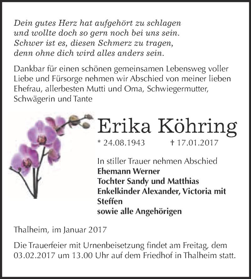 Traueranzeige für Erika Köhring vom 25.01.2017 aus WVG - Wochenspiegel Bitterfeld