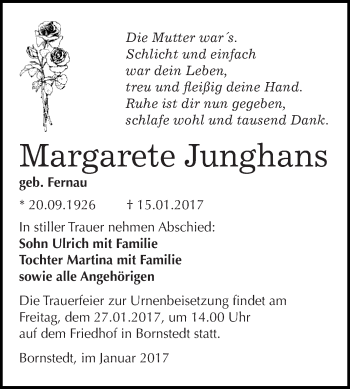 Traueranzeige von Margarete Junghans von Wochenspiegel Mansfelder Land