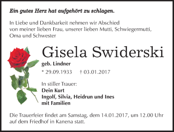 Traueranzeige von Gisela Swiderski von Mitteldeutsche Zeitung Halle/Saalkreis