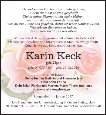 Traueranzeige von Karin Keck von Mitteldeutsche Zeitung Weißenfels