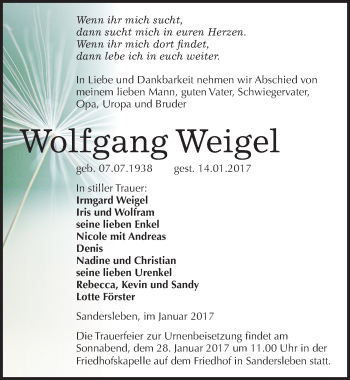 Traueranzeige von Wolfgang Weigel von Mitteldeutsche Zeitung Mansfelder Land