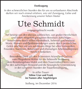 Traueranzeige von Ute Schmidt von Mitteldeutsche Zeitung Sangerhausen