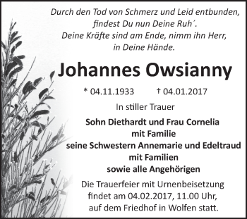 Traueranzeige von Johannes Owsianny von WVG - Wochenspiegel Bitterfeld