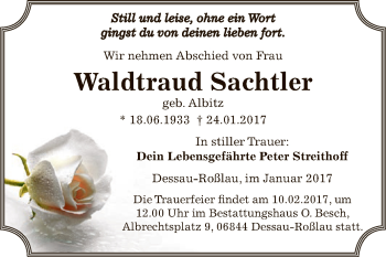 Traueranzeige von Waldtraud Sachtler von WVG - Wochenspiegel Dessau / Köthen