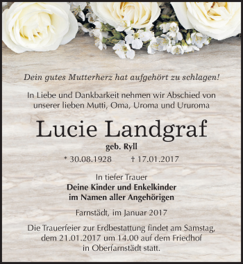 Traueranzeige von Lucie Landgraf von Mitteldeutsche Zeitung Merseburg/Querfurt