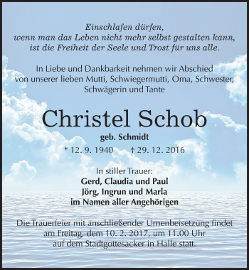 Traueranzeige von Christel Schob von Mitteldeutsche Zeitung Halle/Saalkreis