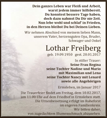 Traueranzeige von Lothar Freiberg von Super Sonntag Quedlinburg