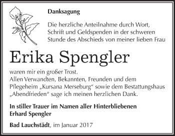 Traueranzeige von Erika Spengler von WVG - Wochenspiegel Merseburg