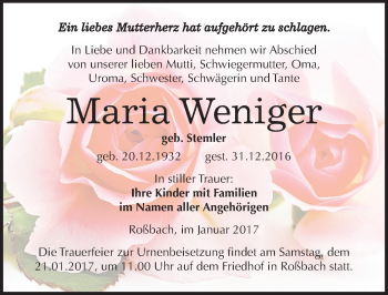 Traueranzeige von Maria Weniger von Mitteldeutsche Zeitung Merseburg/Querfurt