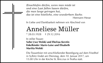 Traueranzeige von Anneliese Müller von Mitteldeutsche Zeitung Halle/Saalkreis