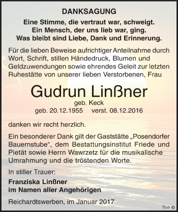 Traueranzeige von Gudrun Linßner von Mitteldeutsche Zeitung Weißenfels