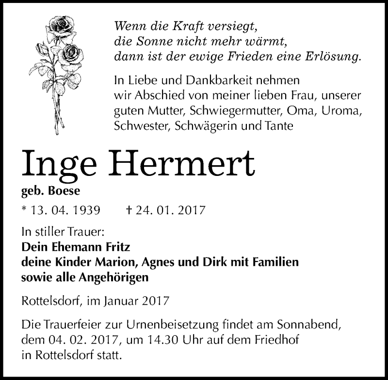 Traueranzeige für Inge Hermert vom 27.01.2017 aus Mitteldeutsche Zeitung Mansfelder Land
