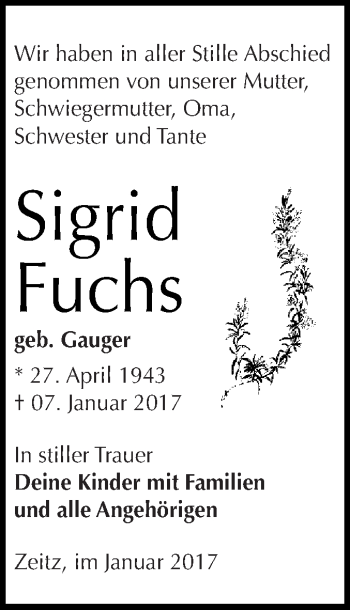 Traueranzeige von Sigrid Fuchs von Super Sonntag Zeitz