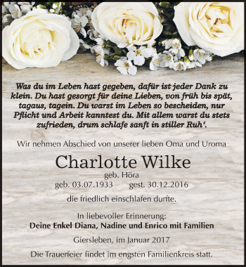 Traueranzeige von Charlotte Wilke von Mitteldeutsche Zeitung Aschersleben