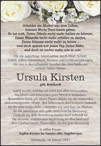 Traueranzeige von Ursula Kirsten von WVG - Wochenspiegel NMB / WSF / ZTZ