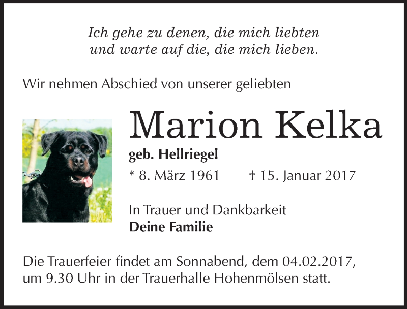  Traueranzeige für Marion Kelka vom 21.01.2017 aus Mitteldeutsche Zeitung Weißenfels