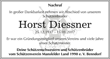 Traueranzeige von Horst Diessner von Mitteldeutsche Zeitung Mansfelder Land
