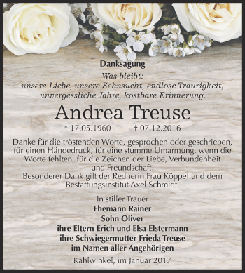 Traueranzeige von Andrea Treuse von WVG - Wochenspiegel NMB / WSF / ZTZ