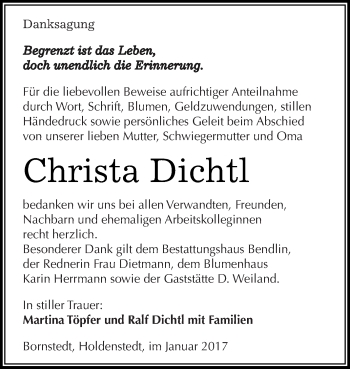 Traueranzeige von Christa Dichtl von Super Sonntag SGH Mansf. Land