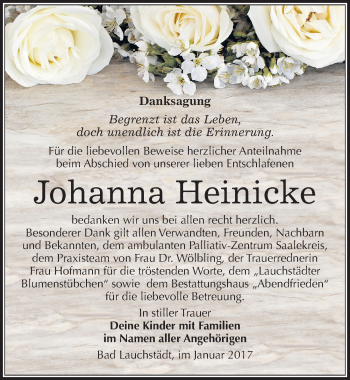 Traueranzeige von Johanna Heinicke von Mitteldeutsche Zeitung Merseburg/Querfurt