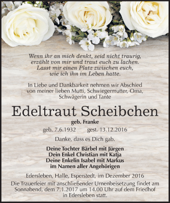 Traueranzeige von Edeltraut Scheibchen von Mitteldeutsche Zeitung Sangerhausen