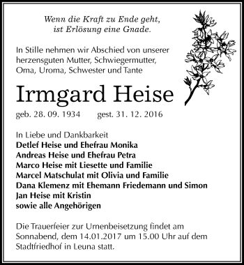 Traueranzeige von Irmgard Heise von Mitteldeutsche Zeitung Merseburg/Querfurt