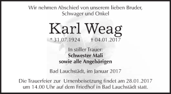 Traueranzeige von Karl Weag von WVG - Wochenspiegel Merseburg