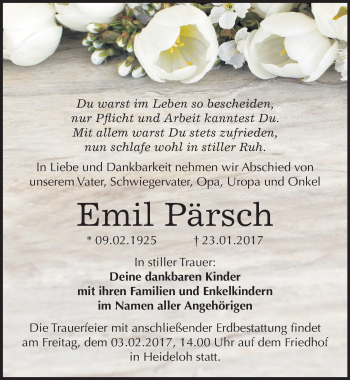 Traueranzeige von Emil Pärsch von Mitteldeutsche Zeitung Bitterfeld