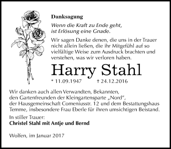 Traueranzeige von Harry Stahl von Mitteldeutsche Zeitung Bitterfeld