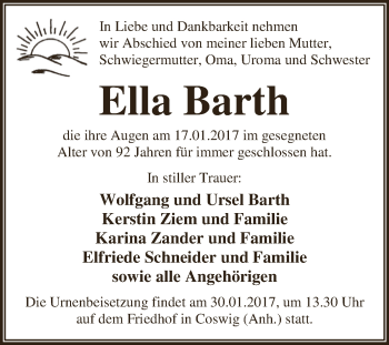 Traueranzeige von Ella Barth von WVG - Wochenspiegel Dessau / Köthen