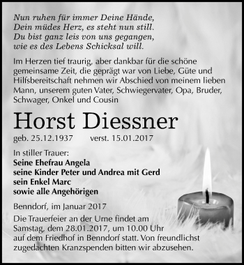 Traueranzeige von Horst Diessner von Mitteldeutsche Zeitung Mansfelder Land