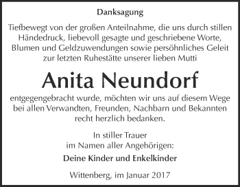 Traueranzeige von Anita Neundorf von Super Sonntag Wittenberg