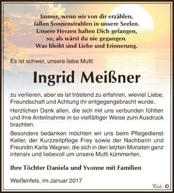 Traueranzeige von Ingrid Meißner von WVG - Wochenspiegel NMB / WSF / ZTZ