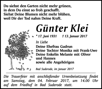 Traueranzeige von Günter Klei von Mitteldeutsche Zeitung Quedlinburg