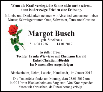 Traueranzeige von Margot Busch von Super Sonntag SGH Mansf. Land