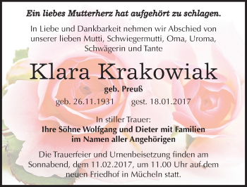 Traueranzeige von Klara Krakowiak von Mitteldeutsche Zeitung Merseburg/Querfurt