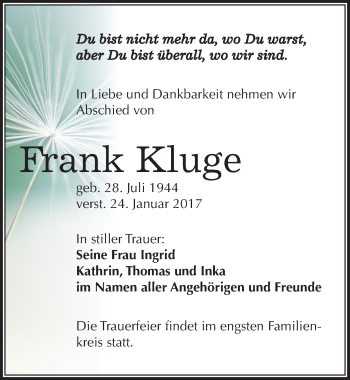 Traueranzeige von Frank Kluge von Mitteldeutsche Zeitung Halle/Saalkreis