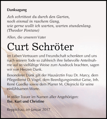 Traueranzeige von Curt Schröter von WVG - Wochenspiegel Dessau / Köthen