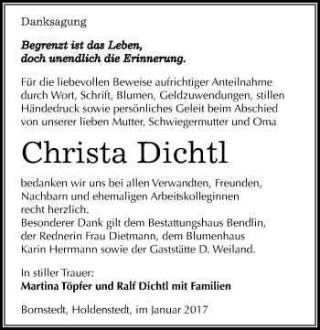 Traueranzeige von Christa Dichtl von Mitteldeutsche Zeitung Mansfelder Land