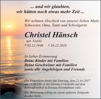 Traueranzeige von Christel Hänsch von Mitteldeutsche Zeitung Dessau-Roßlau