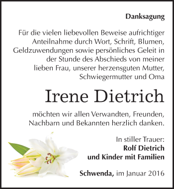 Traueranzeige von Irene Dietrich von Mitteldeutsche Zeitung Sangerhausen