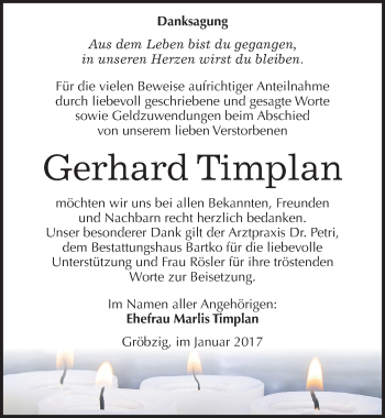Traueranzeige von Gerhard Timplan von Mitteldeutsche Zeitung Köthen