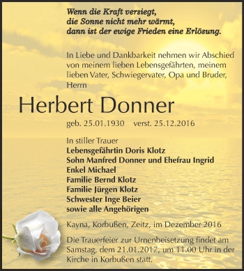 Traueranzeige von Herbert Donner von Super Sonntag Zeitz