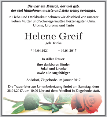 Traueranzeige von Helene Greif von Mitteldeutsche Zeitung Mansfelder Land
