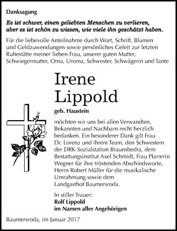 Traueranzeige von Irene Lippold von Mitteldeutsche Zeitung Naumburg/Nebra