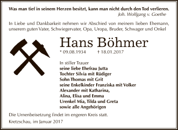 Traueranzeige von Hans Böhmer von Super Sonntag Zeitz