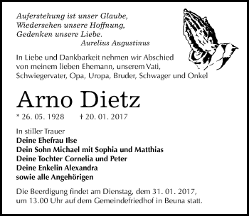 Traueranzeige von Arno Dietz von Mitteldeutsche Zeitung Merseburg/Querfurt